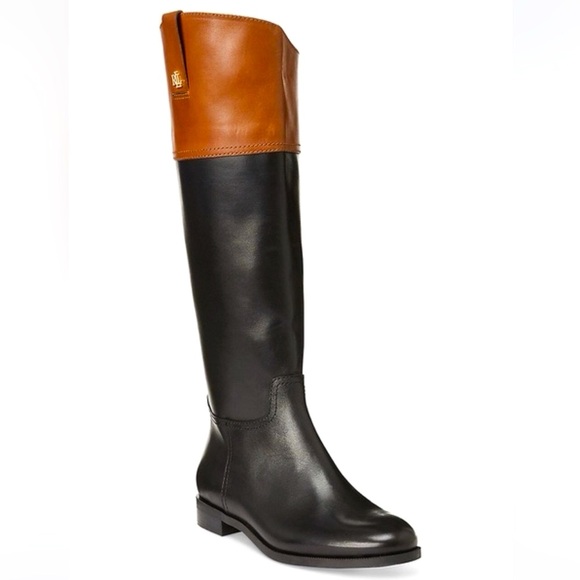 New! RALPH LAUREN Two-tone Equestian Style Leather Boots, Black/Saddle Tan, Sz 9 - Picture 2 of 7